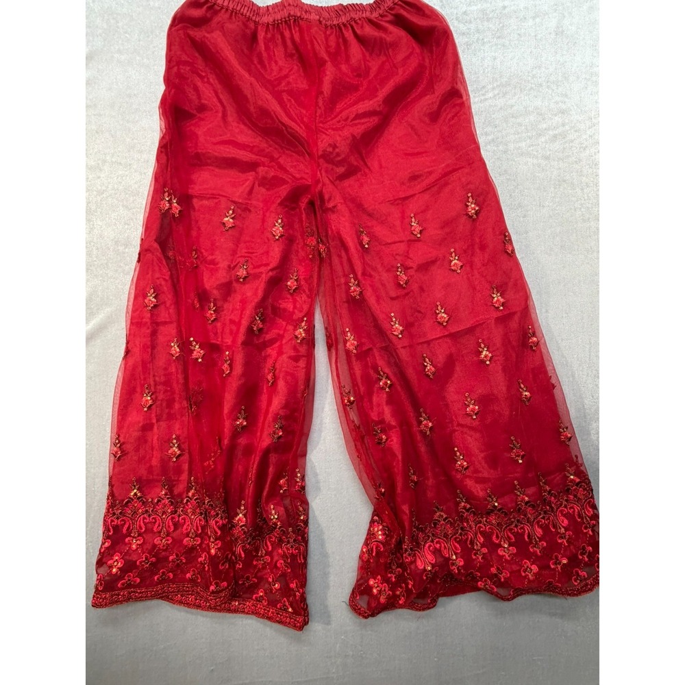 Vintage Red Embroidered Wide Leg Palazzos Pants Sheer Fabric Small